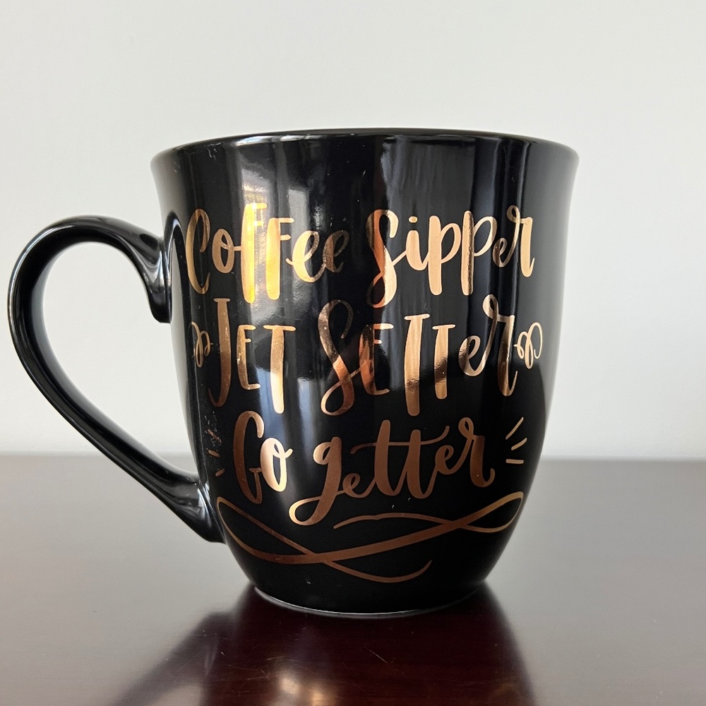 Pier One Large Ceramic Motivational Mug Black Rose Gold Coffee Sipper Jet Setter